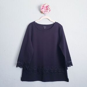 Talbots Black Cotton Blend Lace Trim Knitted Top
